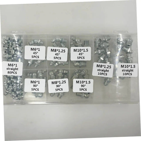 260 Piece Grease Fitting Kit With Storage Box Includes 90 Degree 45 Degree And Straight Hydraulic Fittings For Cars SAE And Metric Sizes Easy Organization And Sizing Chart Included with labeled compartments of fittings.
