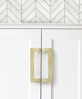 Five Pack Gold Cabinet Pulls 5 Inch Center To Center Brushed Brass Drawer Handles for bathroom vanity on white cabinet doors
