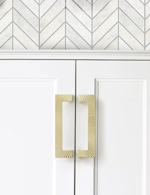 Five Pack Gold Cabinet Pulls 5 Inch Center To Center Brushed Brass Drawer Handles for bathroom vanity on white cabinet doors