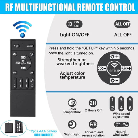 RF multifunctional remote control for 35 Inch Bladeless Ceiling Fan With Lights And Remote, button functions displayed