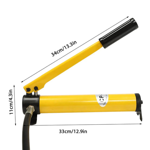 Detailed view of the Beefy 8 Ton Split Hydraulic Spreader And Manual Flange Separator handle, 34cm length, yellow color.