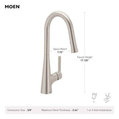 Top Shelf Pulldown Kitchen Faucet In Slick Spot Resist Stainless Steel showcasing 7.75" spout reach and 17.125" height.