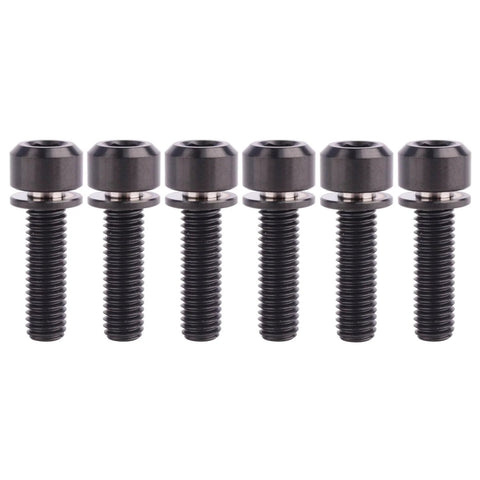 Six black M5 hex bolts with washers for bicycle stems, pack of six