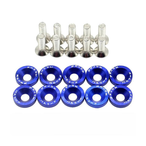 Aluminum M6 Concave Hex Fastener Kit For Automotive Parts, Handy Bolts And Washers For Quick Mounting, Built To Handle Car Body Panels, Engine Bay, And DIY Weekend Projects. Blue aluminum M6 concave hex bolts and washers set