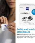 ZEISS Lens Wipes 200-count box on the right; left shows a person removing a wipe from a sachet.