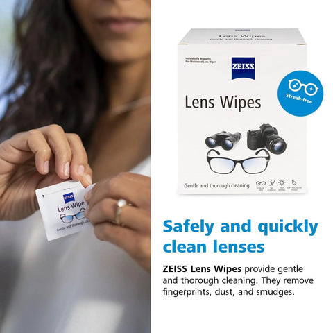 ZEISS Lens Wipes 200-count box on the right; left shows a person removing a wipe from a sachet.