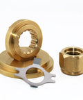Mercury Outboard Prop Hub Kit For 90 To 300 HP Four And Three Quarters Inch Gearcase With 15 Spline Includes Thrust Washer Spacer Washer Nut And Cotter Pin Pro Grade Marine Install Kit All In One, showing thrust washer, nut, and spacer.