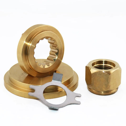 Mercury Outboard Prop Hub Kit For 90 To 300 HP Four And Three Quarters Inch Gearcase With 15 Spline Includes Thrust Washer Spacer Washer Nut And Cotter Pin Pro Grade Marine Install Kit All In One, showing thrust washer, nut, and spacer.