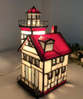 Lorain Lighthouse Tiffany Style Stained Glass Accent Table Lamp Night Light For Home Decor, Red Glass Glow With Warm White Finish