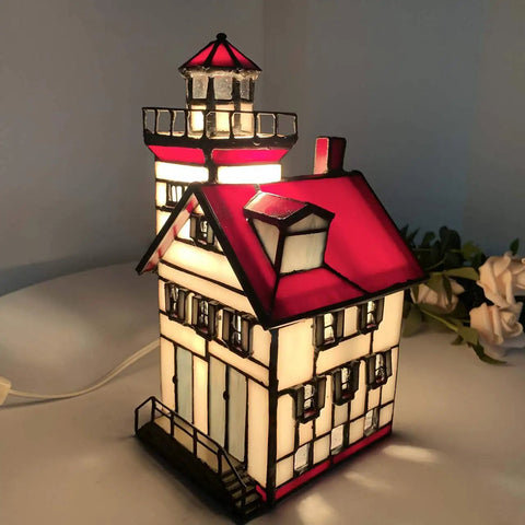 Lorain Lighthouse Tiffany Style Stained Glass Accent Table Lamp Night Light For Home Decor, Red Glass Glow With Warm White Finish