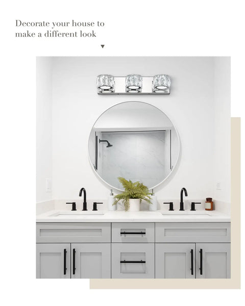 Bathroom mirror with 3 Light LED Crystal Vanity Fixture in Chrome Finish with K9 Crystal Shades, 6000K Cool White.