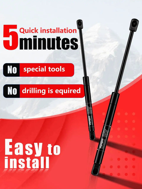 Gas Struts 17 Inch 45 Lbs 200N Replacement Set For Camper Shells Truck Topper Rear Window Cab Canopy Door Fits Leer ARE SnugTop Camper Shells Set Of 2 In Stock, image showing two black struts on red background highlighting easy installation.
