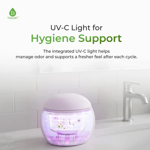Compact Ultrasonic Cleaner Pod With Uv C Light And Smart One Touch Mode For Rapid Deep Washing of jewelry and dental supplies in sink.