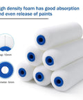 Stack of 4 Inch Foam Paint Roller Set 10 Pack Pro Grade High Density Small Rollers with blue caps, nap and diameter details shown.