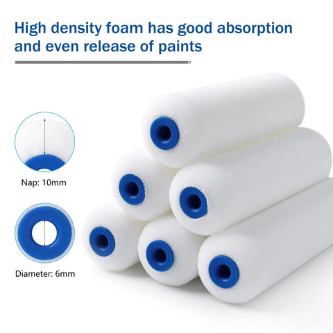 Stack of 4 Inch Foam Paint Roller Set 10 Pack Pro Grade High Density Small Rollers with blue caps, nap and diameter details shown.