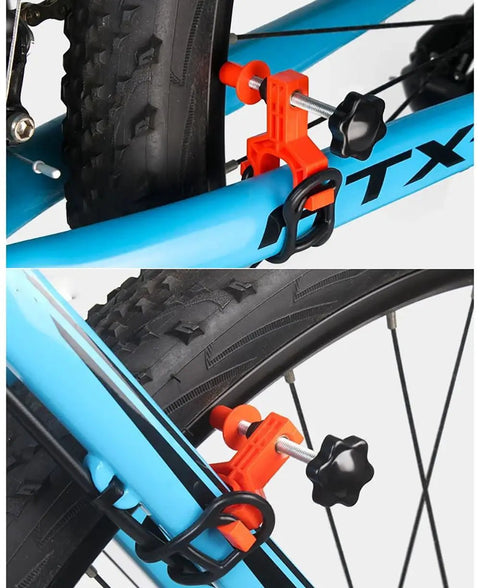 Portable Bicycle Wheel Truing Stand On The Go For Front And Rear Wheels with spoke wrench on bike frame