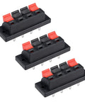 Three Piece Speaker Terminal Blocks Featuring Hella Secure Spring Loaded Push Release Jack Sockets in black with red connectors.