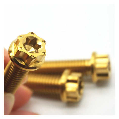 Top Shelf Grade 5 M8 Titanium Screws 4 Pack Burning Blue Torx Flange Head Bolts view showing details of the flange head bolts