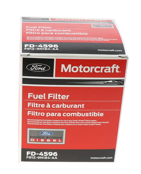 Box of Ford Fuel Filter FD 4596 Direct Fit Replacement for 1999-2003 Ford E-Series and F-Series Trucks Super Duty Excursion.