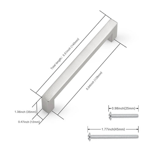 30 Pack Brushed Nickel Stainless Steel Kitchen Cabinet Pulls With Square Corner Bar Handles 5 Inch Hole Centers, size details shown