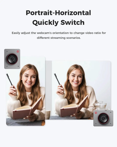 Next Level 4K USB Camera For PC With Plug And Play Setup showing webcam orientation switch for streaming scenarios.