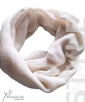 Ultra Cozy Winter Cashmere Infinity Scarf In Beige, plush soft knit wrap, modern design, shown in a loop style