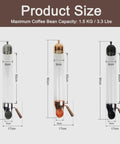 Top Shelf Wall Mounted Coffee Bean Dispenser Featuring Tall Borosilicate Glass Jar and Adjustable Stainless Steel Door, dimensions shown.