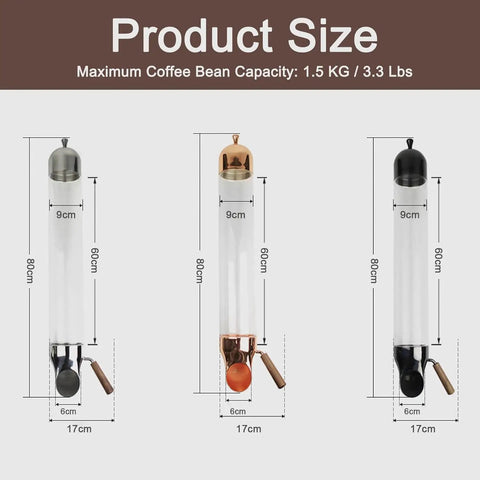 Product size chart showing three glass tubes for Wall Mounted Coffee Dispenser With Glass Tube, Adjustable Dosing Canister For Beans Tea And Grains, Airtight Stainless Steel Kitchen Stash.