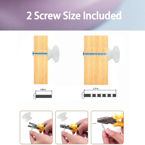 Image showing two screw sizes included for Six Pack Round Wooden Cabinet Knobs In Crisp White With Trimmable Screws.