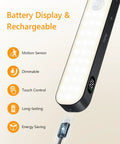 Close-up of rechargeable motion sensor closet light with battery display, USB-C plug, and dimmable touch control.