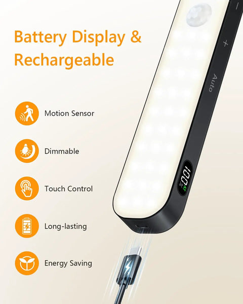 Close-up of rechargeable motion sensor closet light with battery display, USB-C plug, and dimmable touch control.