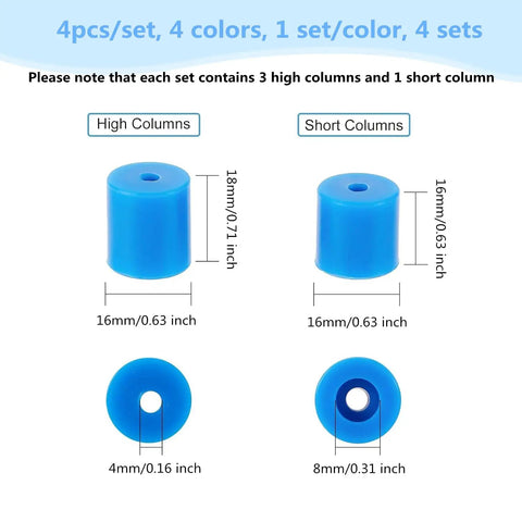 Sixteen Piece Silicone Heatbed Mount Set for 3D Printers, blue silicone pads sizes 0.63x0.63 and 0.63x0.71 inch, front view