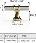 10 Pack Cabinet Knobs In Brushed Nickel And Gold Finishes, T Bar Pulls with single hole design and dimensions chart image