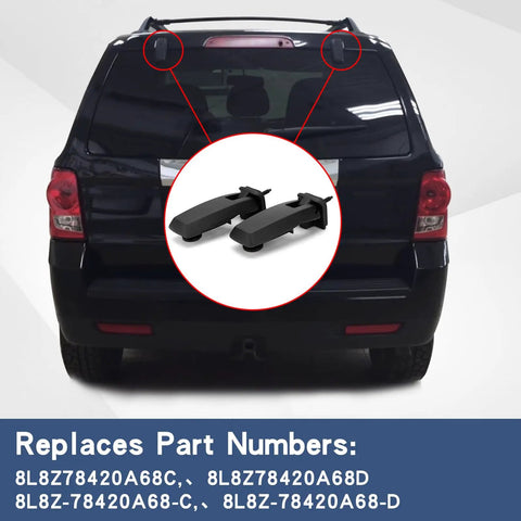 Premium Rear Window Liftgate Hinge Set For Right And Left Glass Hinge Replacement Easy Bolt On Upgrade For 2008 2009 2010 2011 2012 Ford Escape Mercury Mariner Mazda Tribute Replaces 8L8Z78420A68C 8L8Z78420A68D shown installed on rear of vehicle with part numbers listed