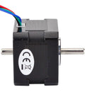 Front view of black NEMA 17 dual-shaft stepper motor with 42x42x34 mm housing and four wires.