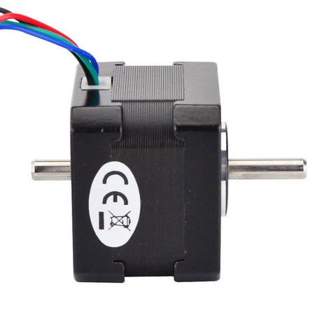 Front view of black NEMA 17 dual-shaft stepper motor with 42x42x34 mm housing and four wires.