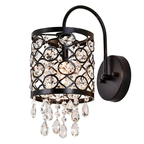 Crystal Wall Sconce Set Of 2 Indoor Wall Lamps With Lattice Drum Shade For Bedroom Bedside Living Room Black Finish Durable Solid Metal Construction Slick Modern Home Decor, close-up