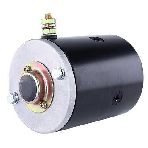 12V hydraulic pump motor for RV levelers, black cylindrical housing with silver mounting flange and CCW shaft