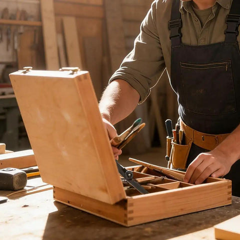 Carpenter using Two Pack 180 Degree Locking Hinges on wooden chest in workshop, ensuring stable lid support for long lasting performance.