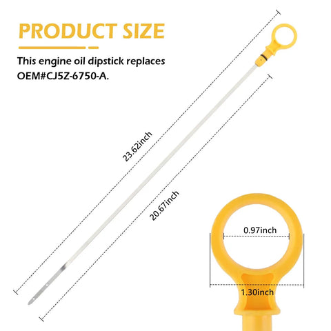 Professional Double Hole Engine Oil Dipstick Replacement OEM CJ5Z6750A in yellow with measurements for Ford Lincoln 2.0L EcoBoost.