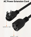 AC power extension cord showing NEMA 5-15P and NEMA 5-15R plugs, 1 foot length, part of 2 Pack 1 Foot Power Extension Cord 16 AWG Right Angle Low Profile AC Adapter Extension Wire A Real Game Changer For Stopping Bulky Plugs From Blocking Wall Outlets Great For Surge Protectors UPS And Tiny Corners.
