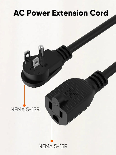 AC power extension cord showing NEMA 5-15P and NEMA 5-15R plugs, 1 foot length, part of 2 Pack 1 Foot Power Extension Cord 16 AWG Right Angle Low Profile AC Adapter Extension Wire A Real Game Changer For Stopping Bulky Plugs From Blocking Wall Outlets Great For Surge Protectors UPS And Tiny Corners.