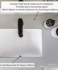 Top view of Undermount White Bathroom Sink 16 By 11 Narrow Rectangular Vanity Sink With Overflow Vitreous China Ceramic Fits 18 Inch Vanity Opening 16 By 11 Modern Durable Bath Fixture Easy Install with black faucet and overflow hole.