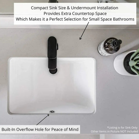 Top view of Undermount White Bathroom Sink 16 By 11 Narrow Rectangular Vanity Sink With Overflow Vitreous China Ceramic Fits 18 Inch Vanity Opening 16 By 11 Modern Durable Bath Fixture Easy Install with black faucet and overflow hole.
