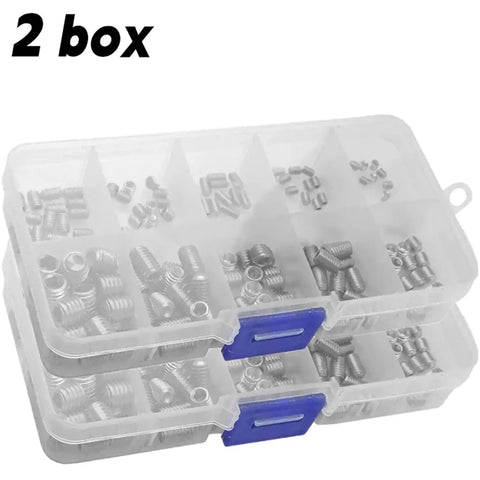 Two Box 400 Piece Stainless Steel Flat Point Hex Socket Set Screws Kit in clear storage case for DIY and fixes