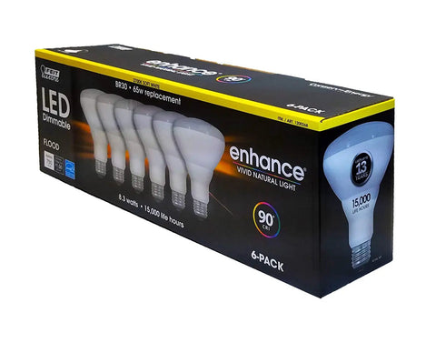 Six-pack box of dimmable LED BR30 flood light bulbs 65W equivalent soft white 750 lumens with 15,000 hours lifespan