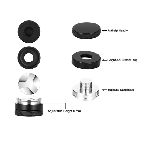 Apexstone 53mm coffee distributor tool set with anti-slip handle, height adjustment ring, and stainless steel base.