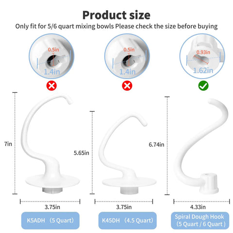 Size comparison of coated spiral dough hook replacement for lift stand mixers built tough aluminum dough hook for 5 quart and 6 quart bowls.