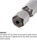 Close-up of Combo Drill And Tap Bit Set One Quarter Inch Hex Shank M8 By One Point Two Five Metric Titanium Coated High Speed Steel tool.