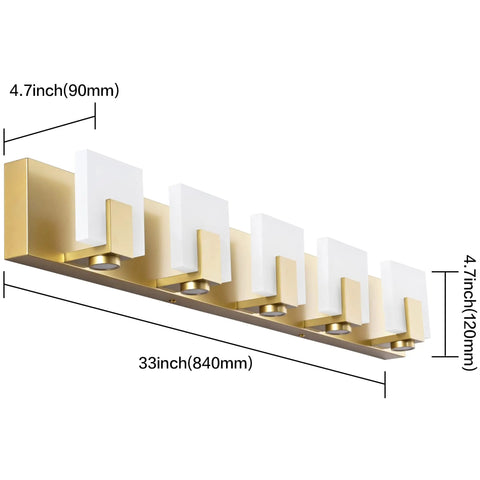 Dimmable Modern Bathroom Vanity Light Over Mirror In Golden Finish LED 5 Light Bar Fixture Slim Angled Design